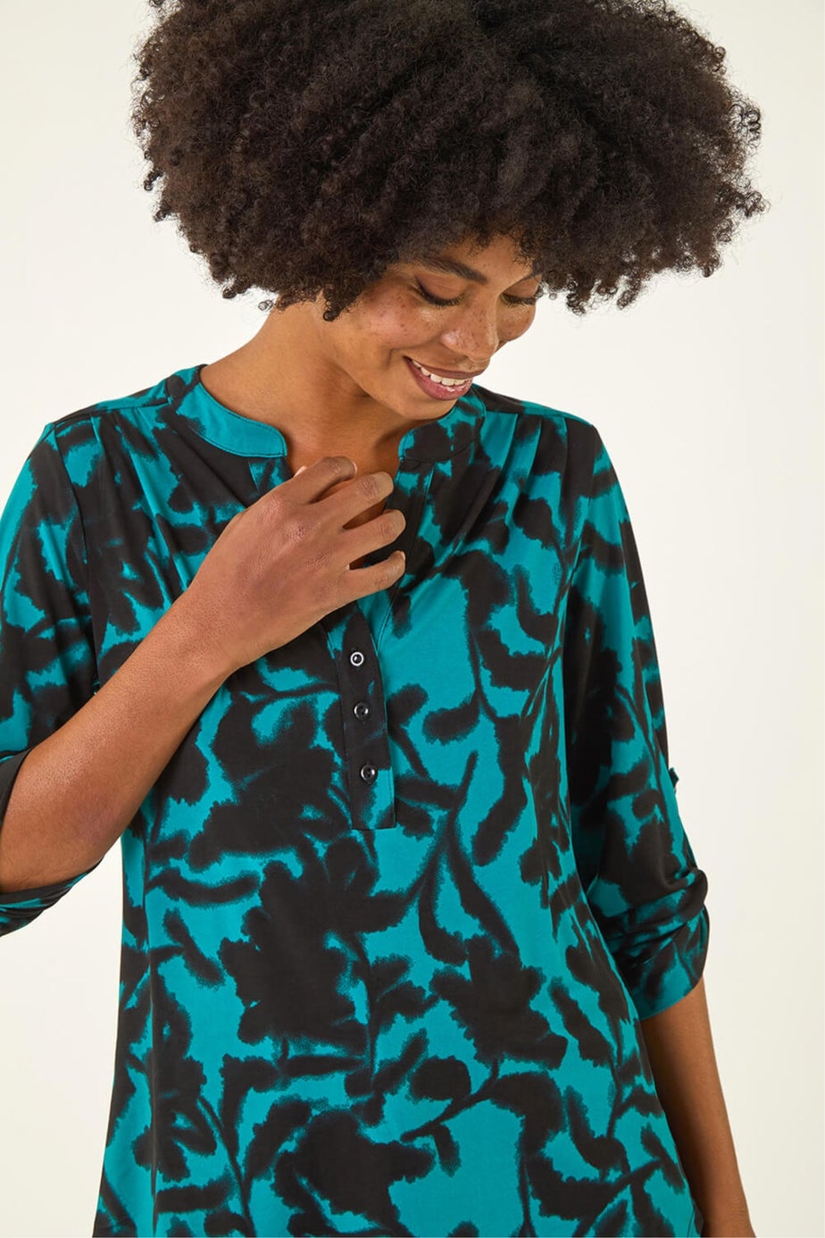 Roman Teal Floral Print V-Neck Stretch Top