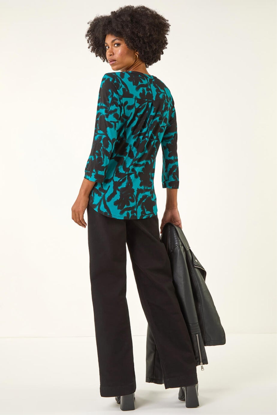 Roman Teal Floral Print V-Neck Stretch Top