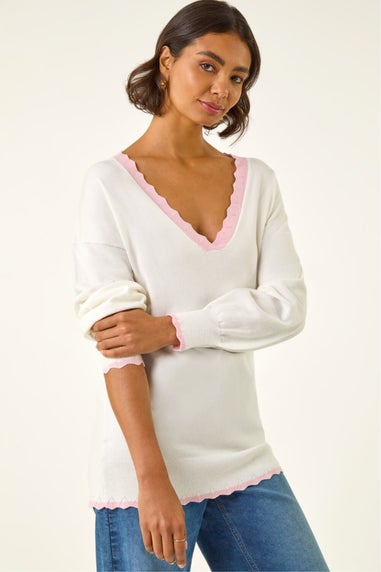 Roman Ivory V-Neck Scalloped Boyfriend Jumper