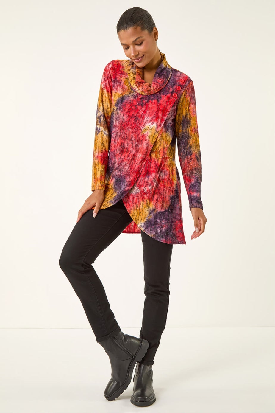 Roman Red Textured Burnout Cowl Neck Top