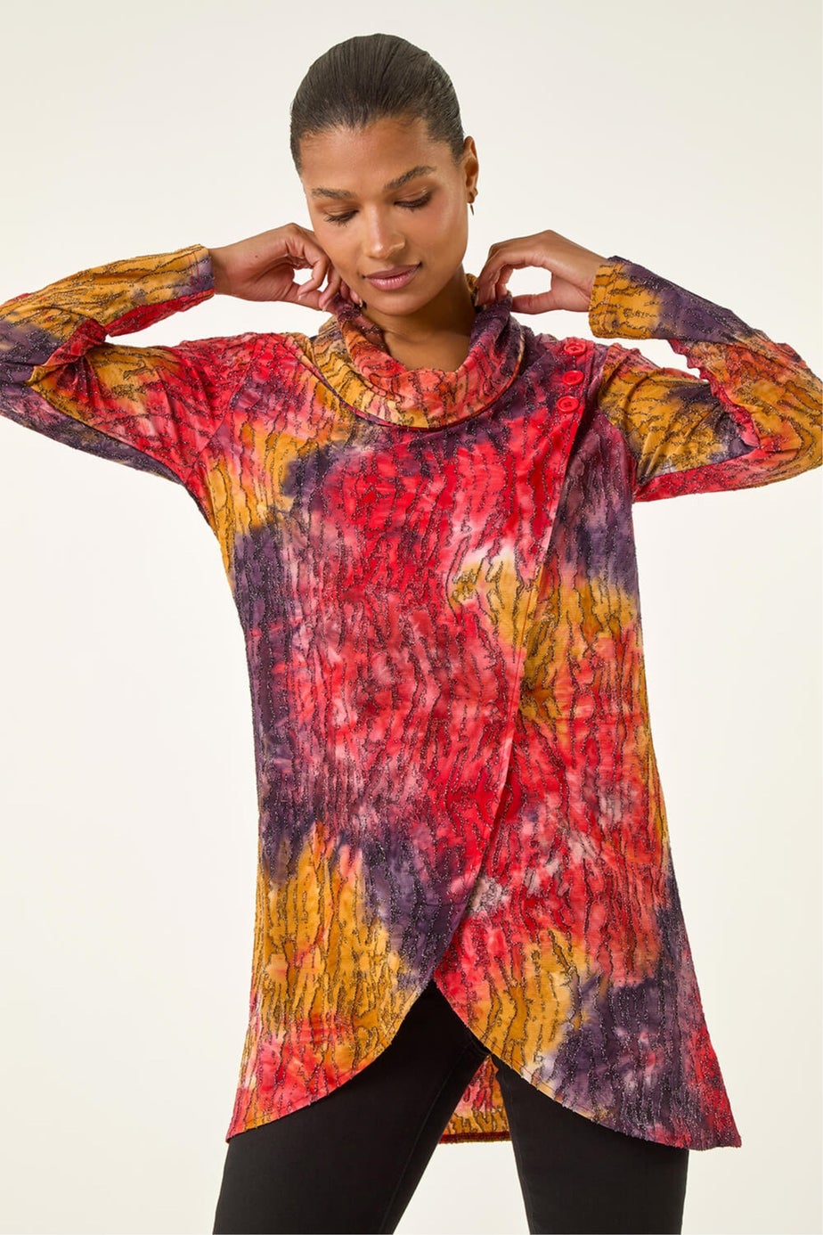 Roman Red Textured Burnout Cowl Neck Top