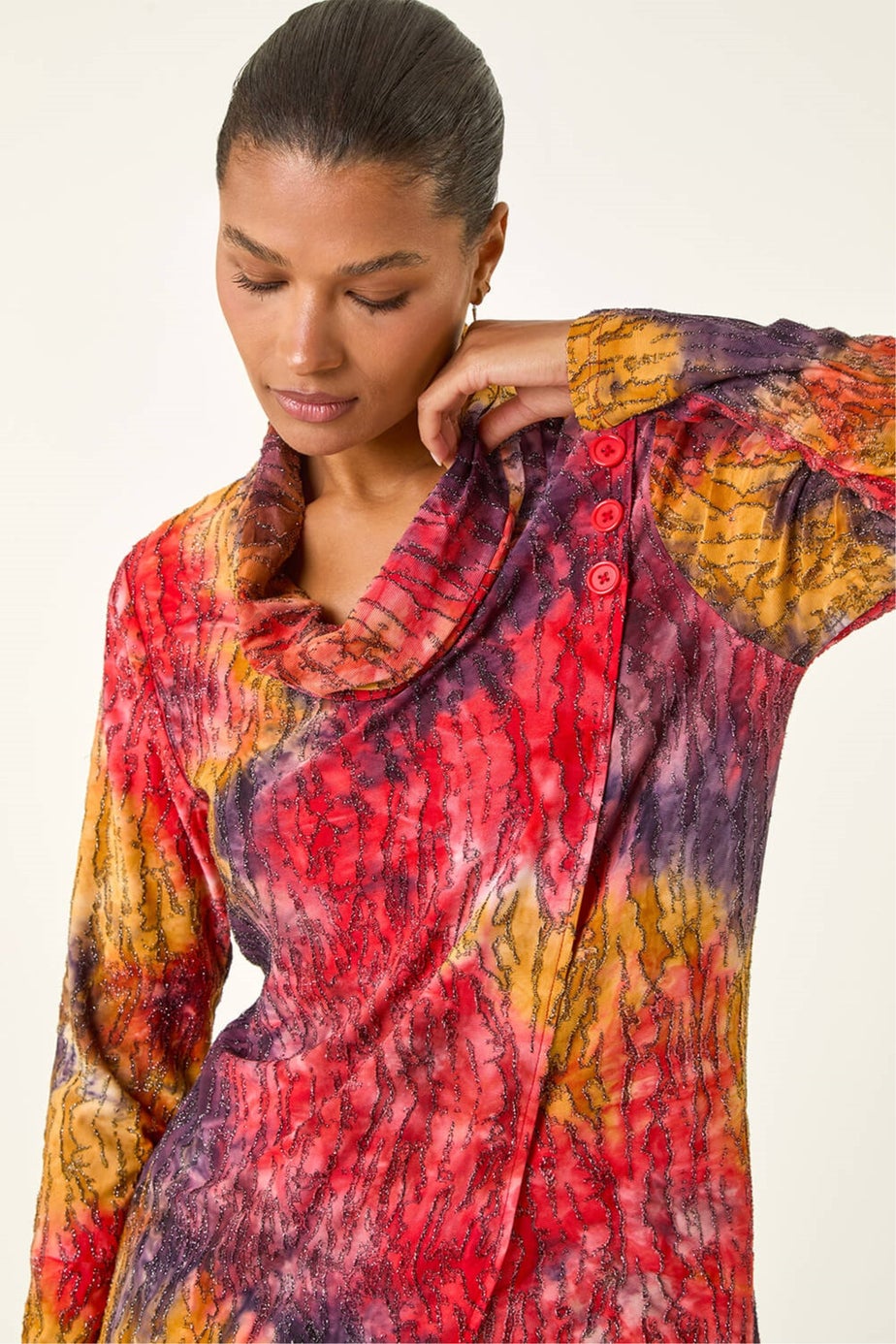 Roman Red Textured Burnout Cowl Neck Top