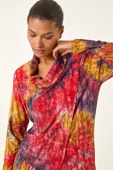 Roman Red Textured Burnout Cowl Neck Top