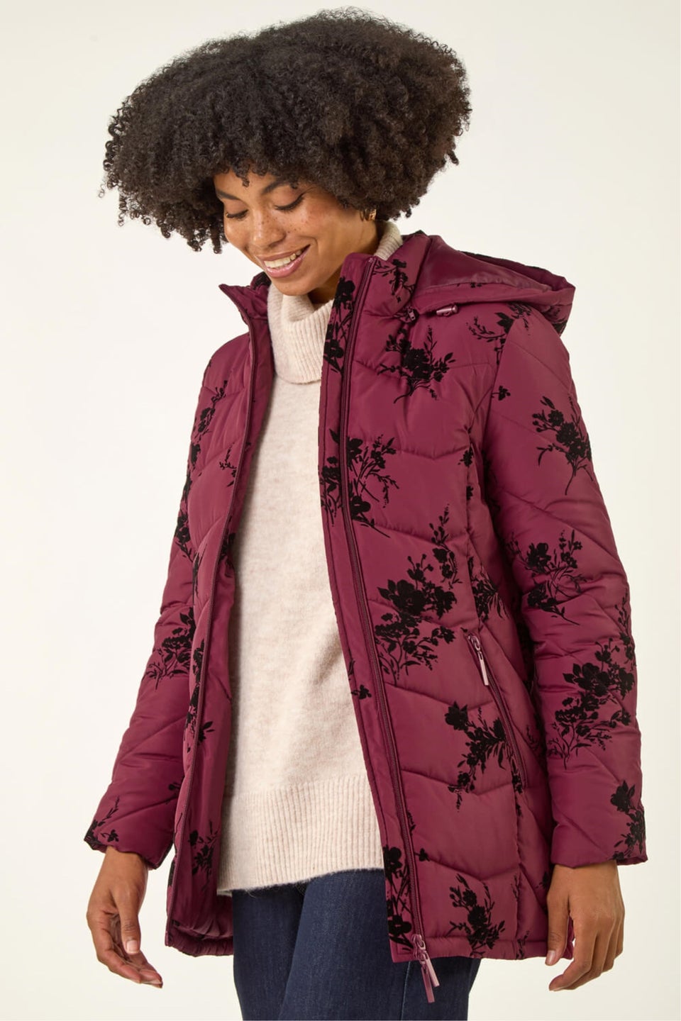 Roman Burgundy Floral Flock Padded Coat
