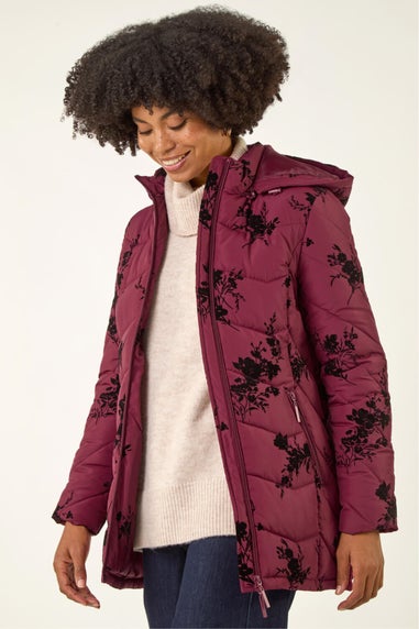 Roman Burgundy Floral Flock Padded Coat