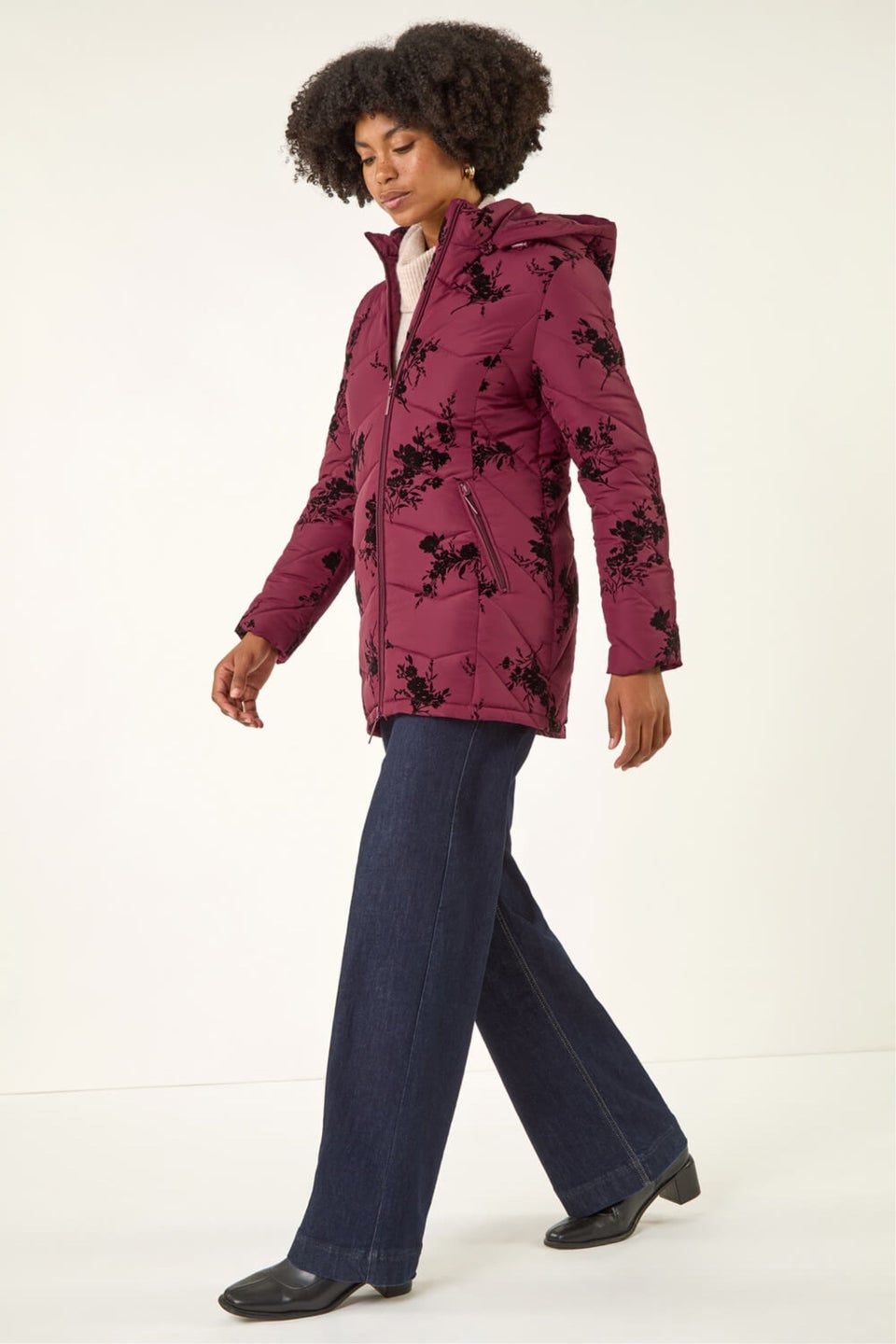 Roman Burgundy Floral Flock Padded Coat