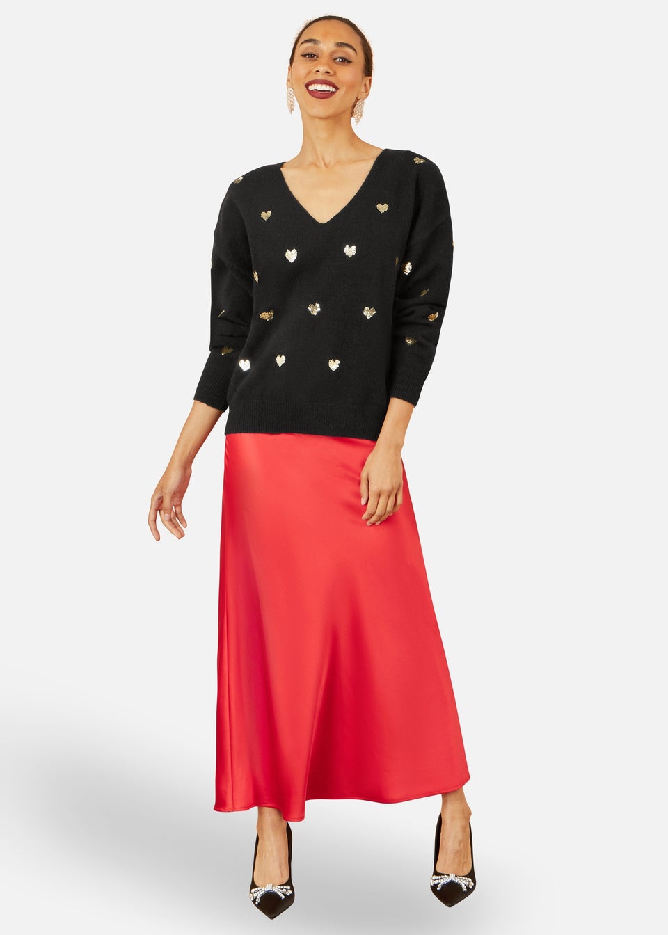 Yumi Black Sequin Heart V Neck Jumper