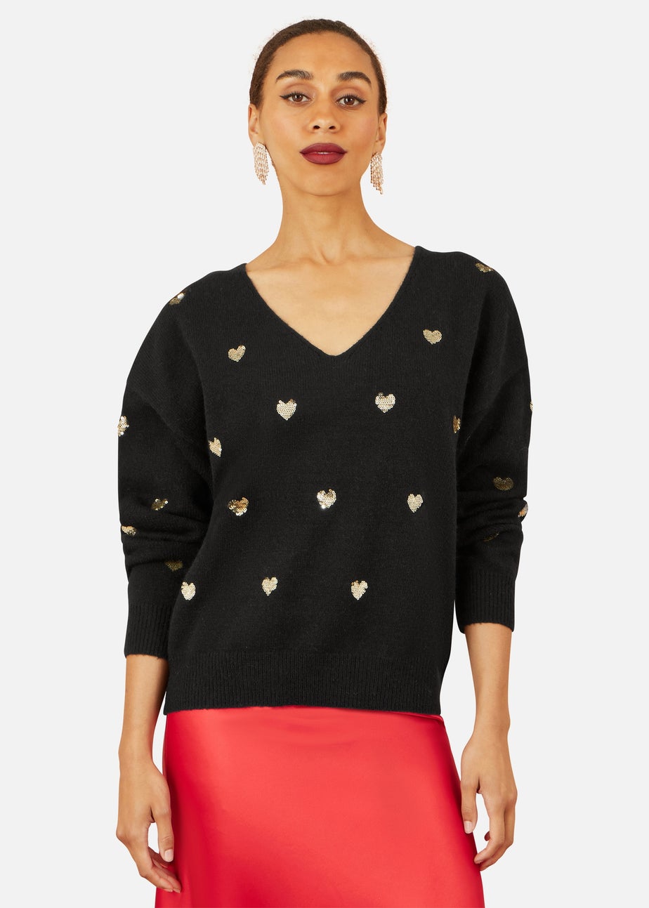 Yumi Black Sequin Heart V Neck Jumper