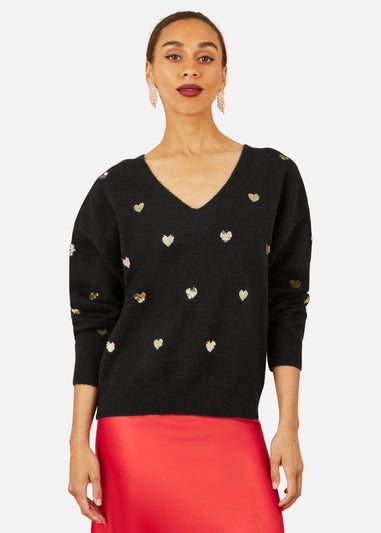 Yumi Black Sequin Heart V Neck Jumper