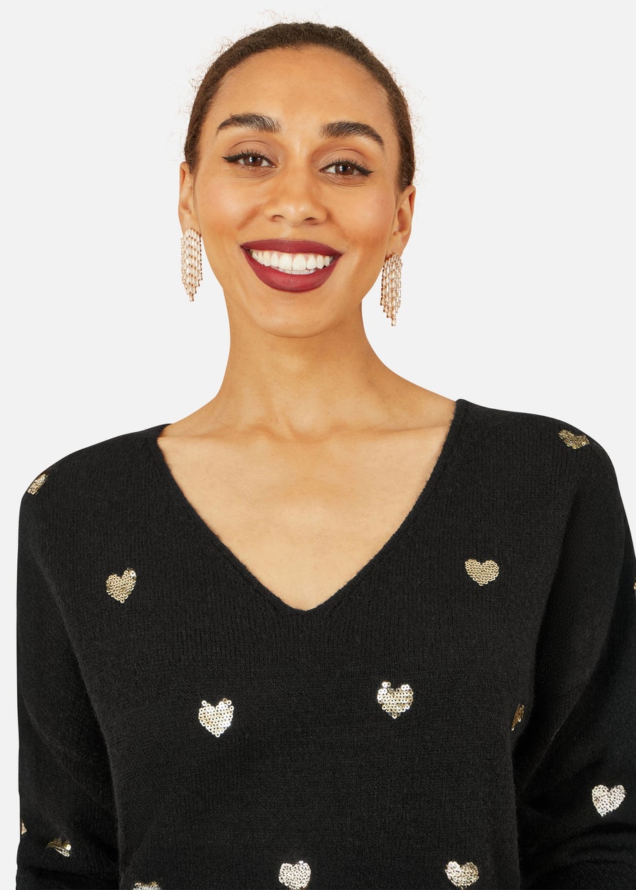 Yumi Black Sequin Heart V Neck Jumper