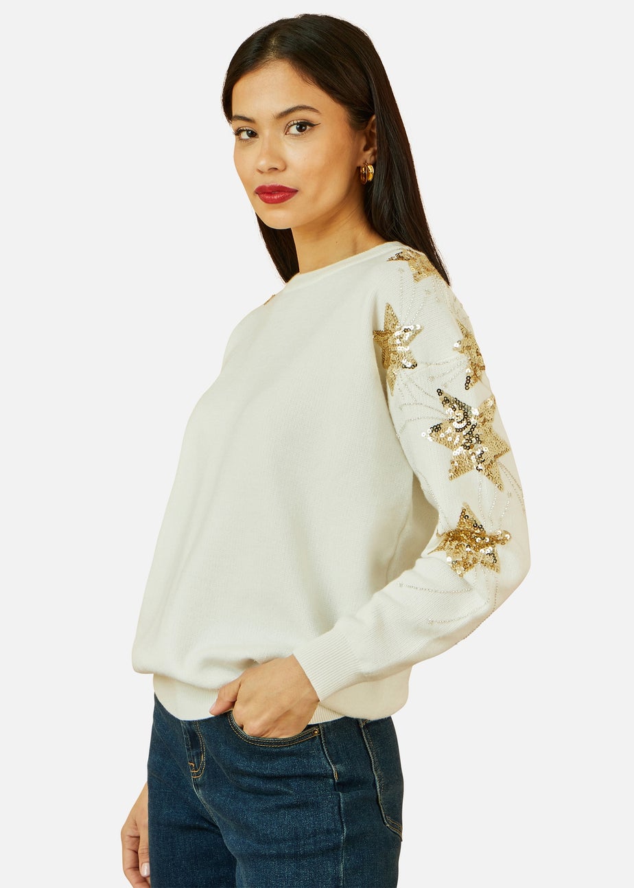 Yumi White Relaxed Fit Jumper With Sequin Star Sleeves