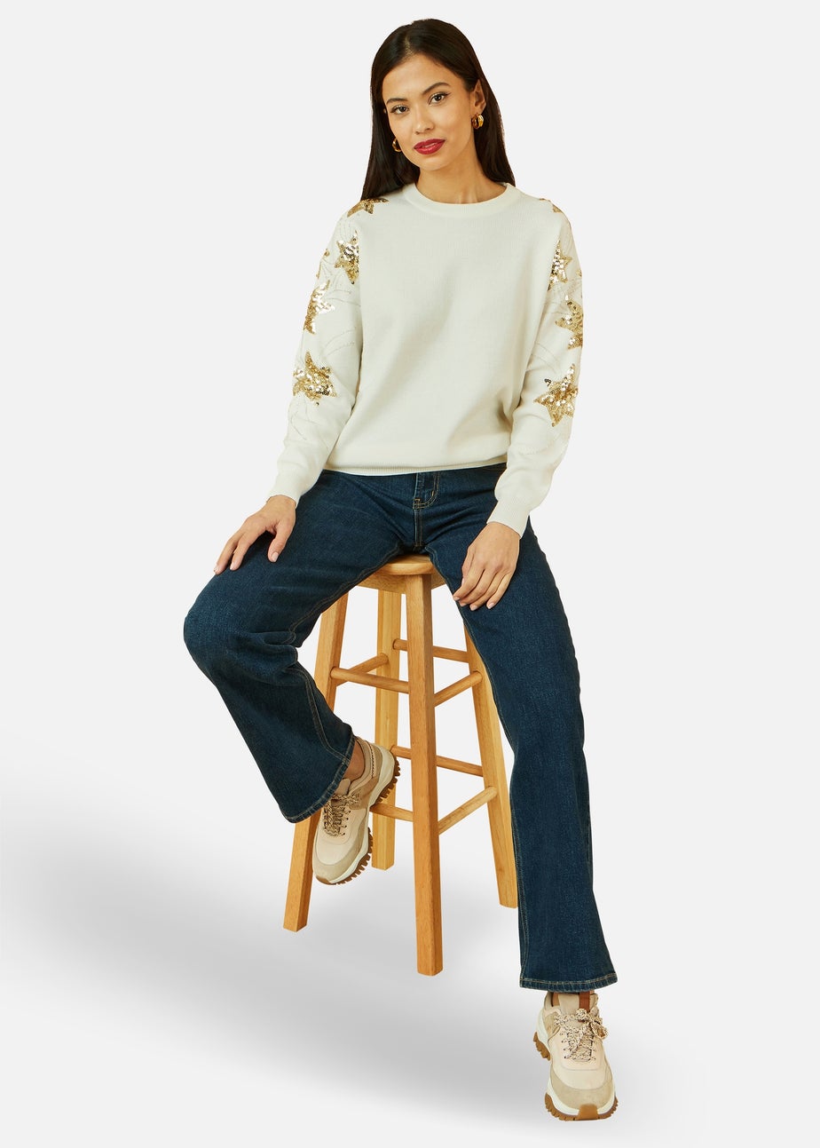 Yumi White Relaxed Fit Jumper With Sequin Star Sleeves