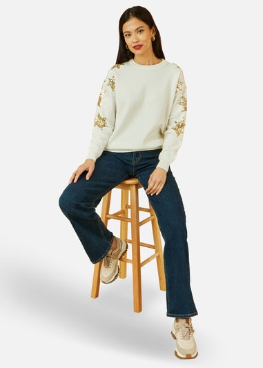 Yumi White Relaxed Fit Jumper With Sequin Star Sleeves