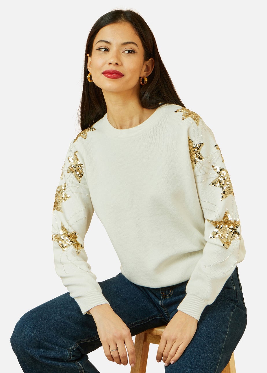 Yumi White Relaxed Fit Jumper With Sequin Star Sleeves