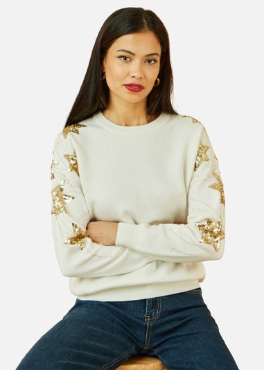 Yumi White Relaxed Fit Jumper With Sequin Star Sleeves