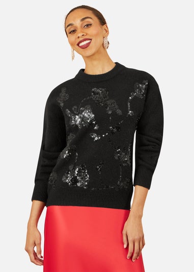 Yumi Black Relaxed Knitted Jumper With Sequin Detail