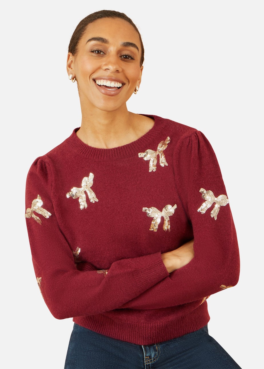 Yumi Burgundy Sequin All Over Applique Bow Knitted Jumper