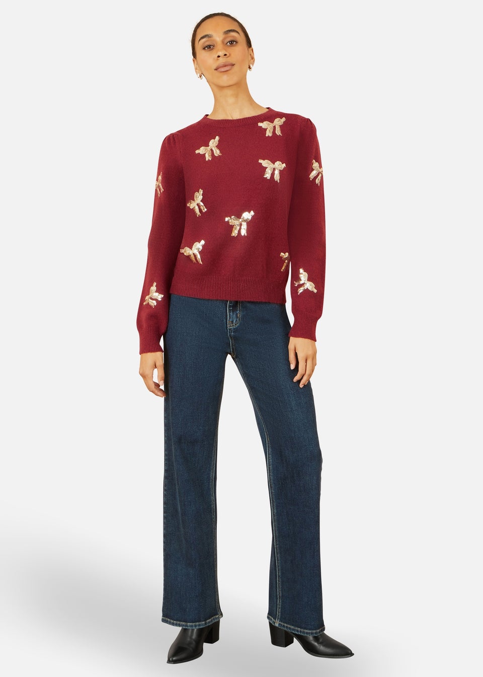 Yumi Burgundy Sequin All Over Applique Bow Knitted Jumper