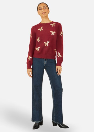 Yumi Burgundy Sequin All Over Applique Bow Knitted Jumper