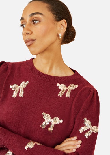 Yumi Burgundy Sequin All Over Applique Bow Knitted Jumper