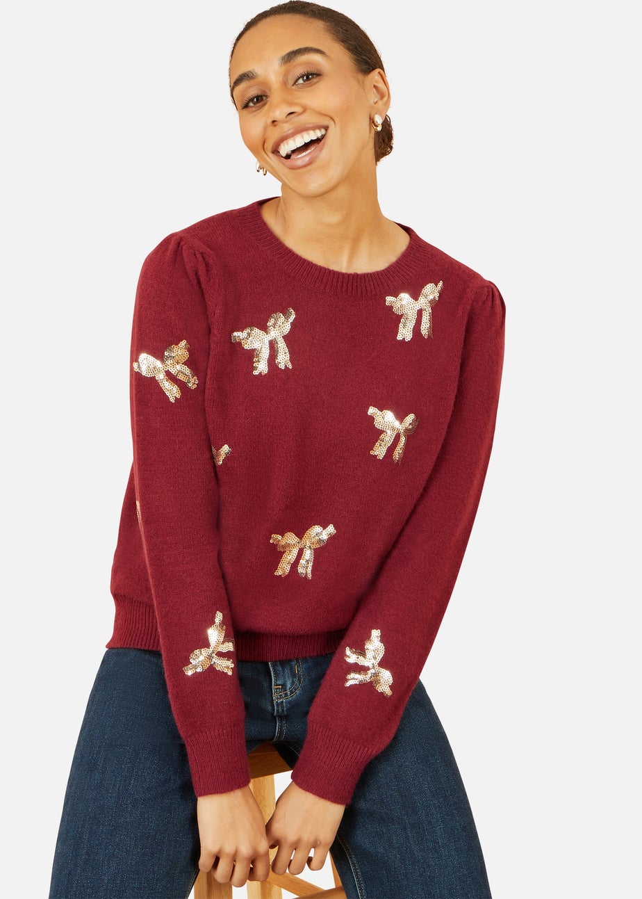Yumi Burgundy Sequin All Over Applique Bow Knitted Jumper