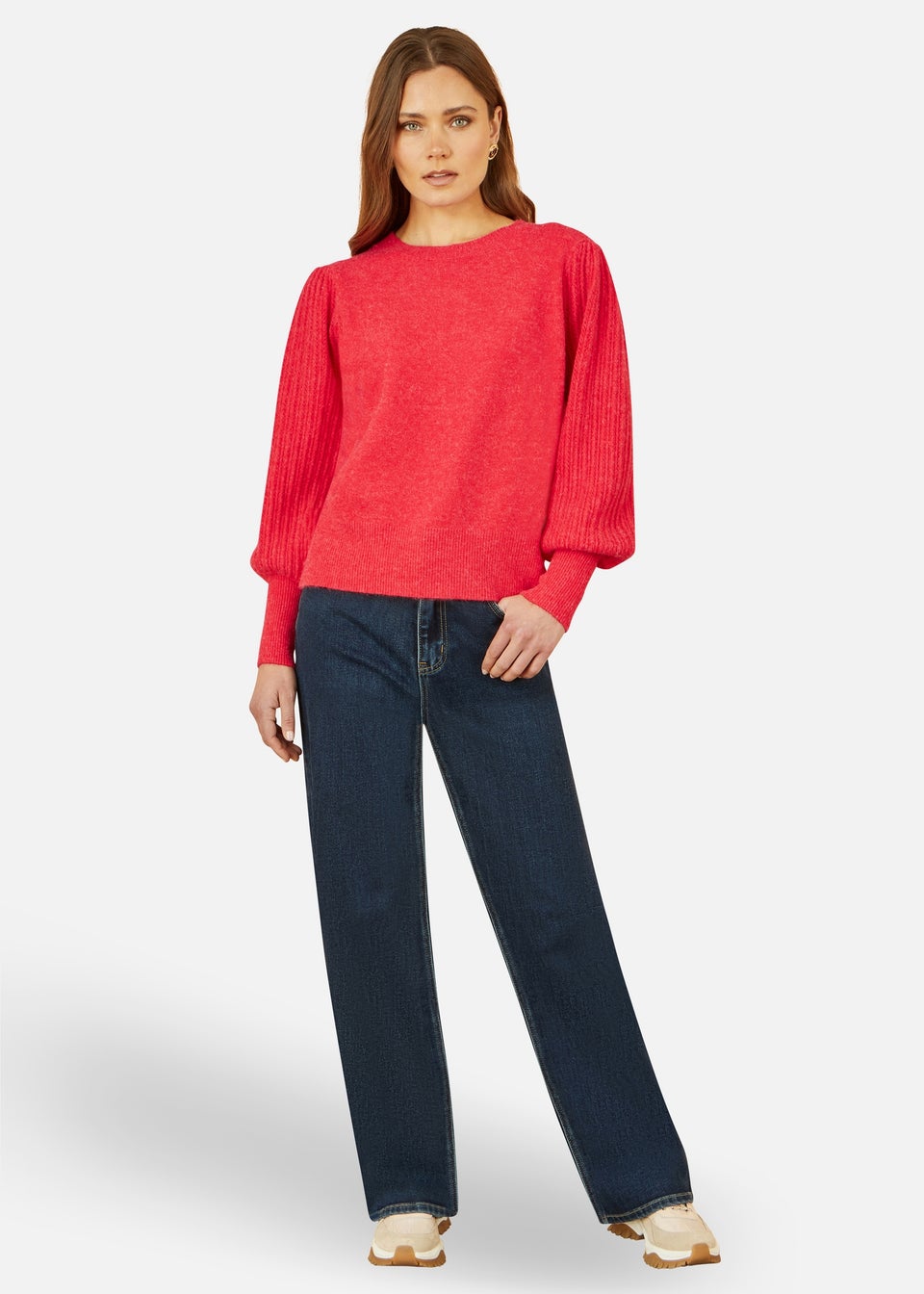 Yumi Red Knitted Balloon Sleeve Textured Jumper