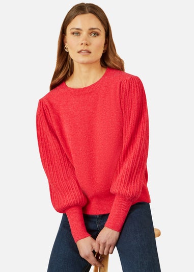 Yumi Red Knitted Balloon Sleeve Textured Jumper