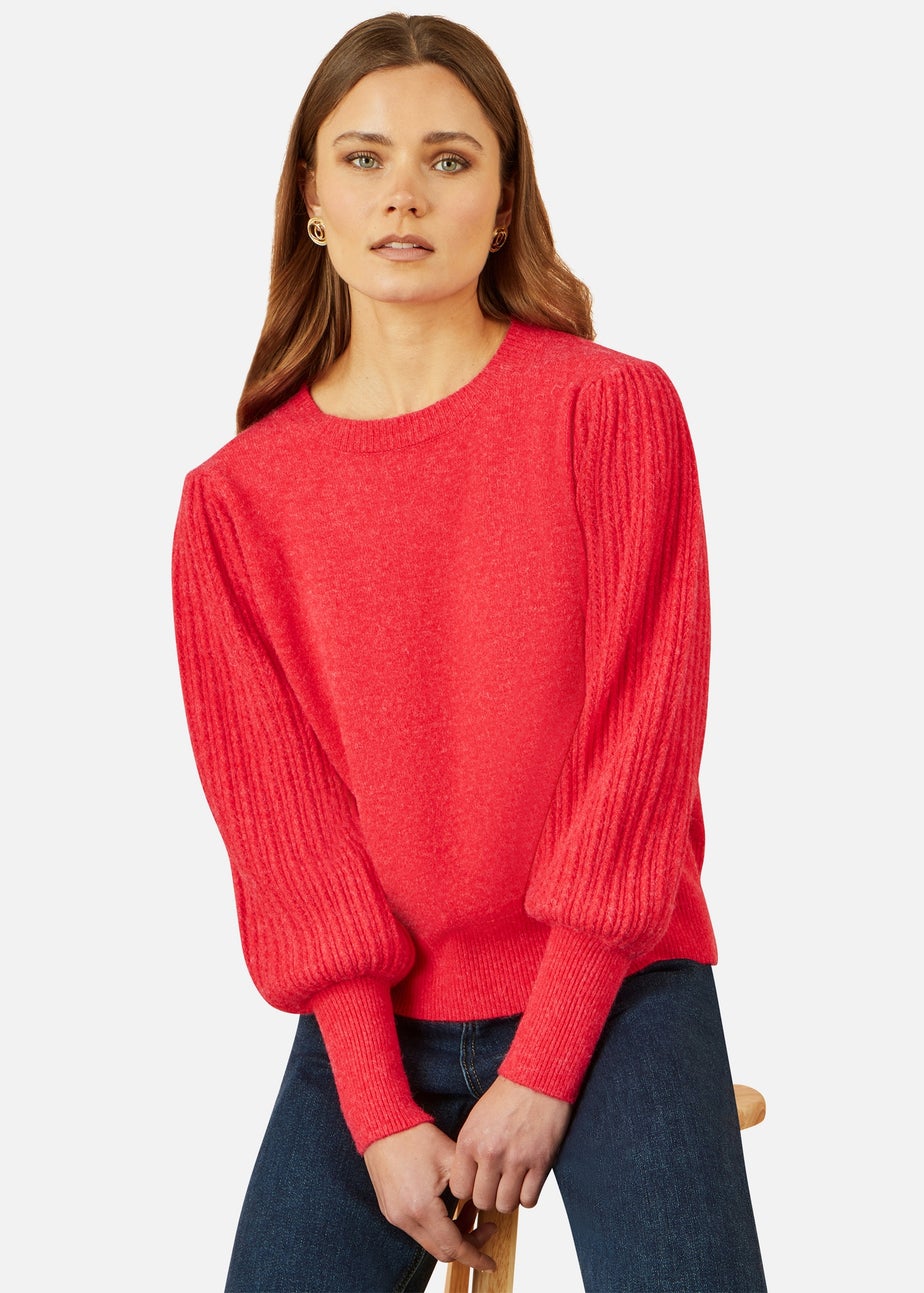 Yumi Red Knitted Balloon Sleeve Textured Jumper