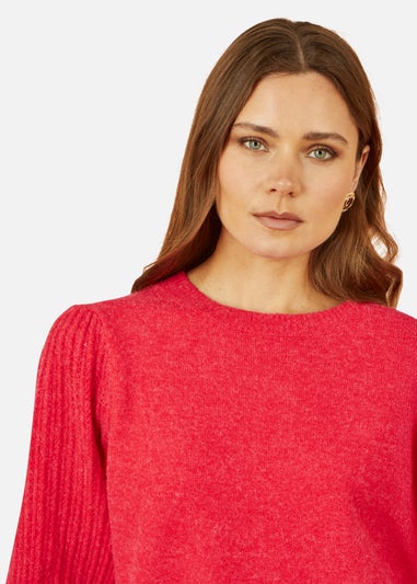 Yumi Red Knitted Balloon Sleeve Textured Jumper