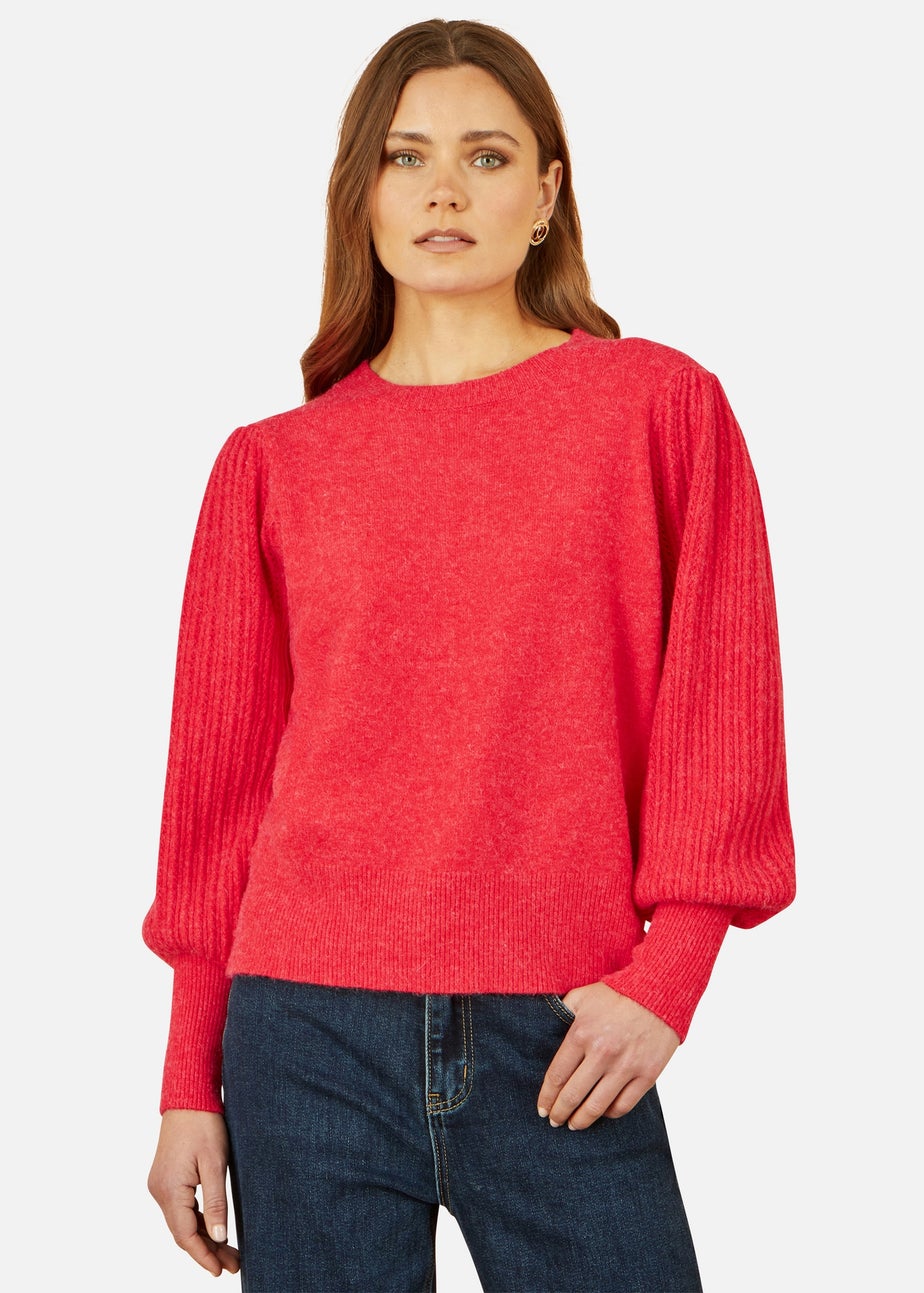 Yumi Red Knitted Balloon Sleeve Textured Jumper