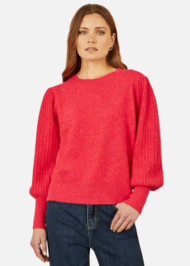 Yumi Red Knitted Balloon Sleeve Textured Jumper