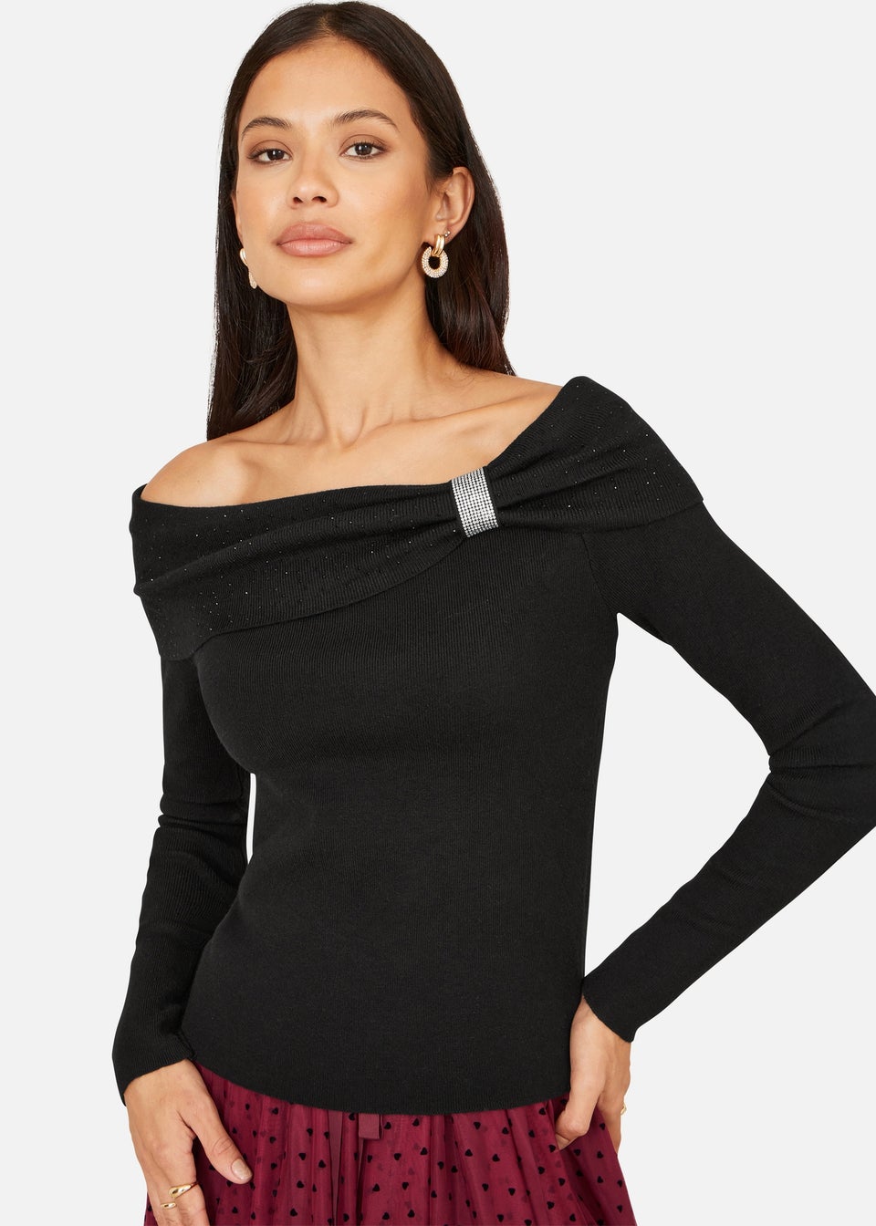 Yumi Black Sparkle Bardot Jumper With Diamante Detail
