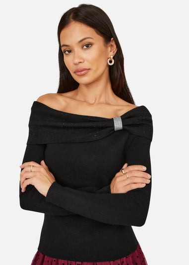 Yumi Black Sparkle Bardot Jumper With Diamante Detail