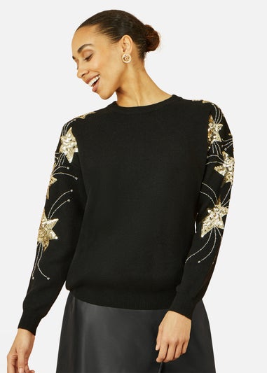 Yumi Black Relaxed Fit Jumper With Sequin Star Sleeves