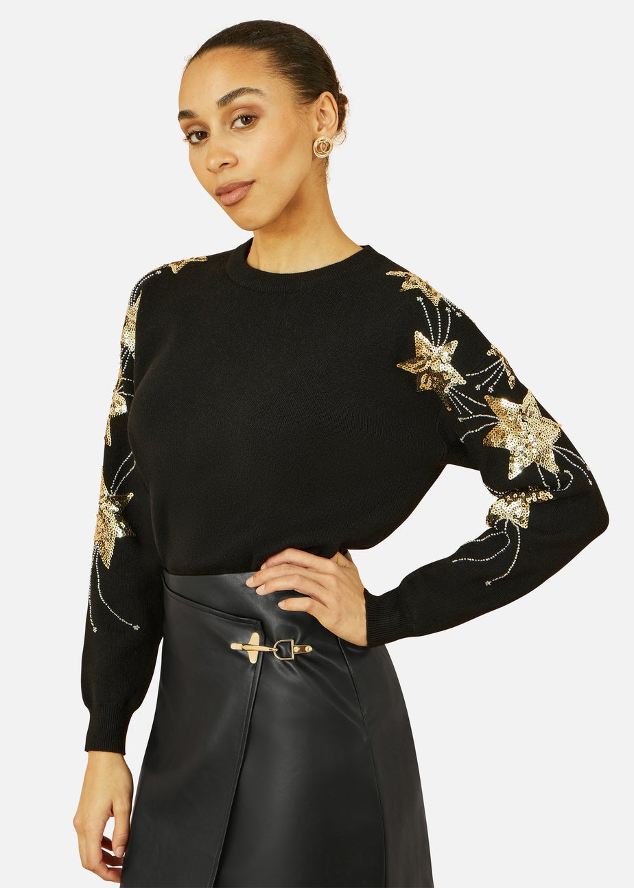 Yumi Black Relaxed Fit Jumper With Sequin Star Sleeves