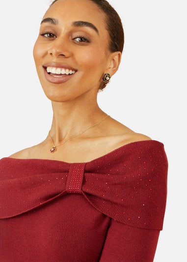 Yumi Burgundy Sparkle Bardot Jumper With Diamante Detail