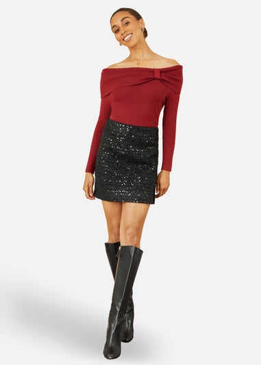 Yumi Burgundy Sparkle Bardot Jumper With Diamante Detail