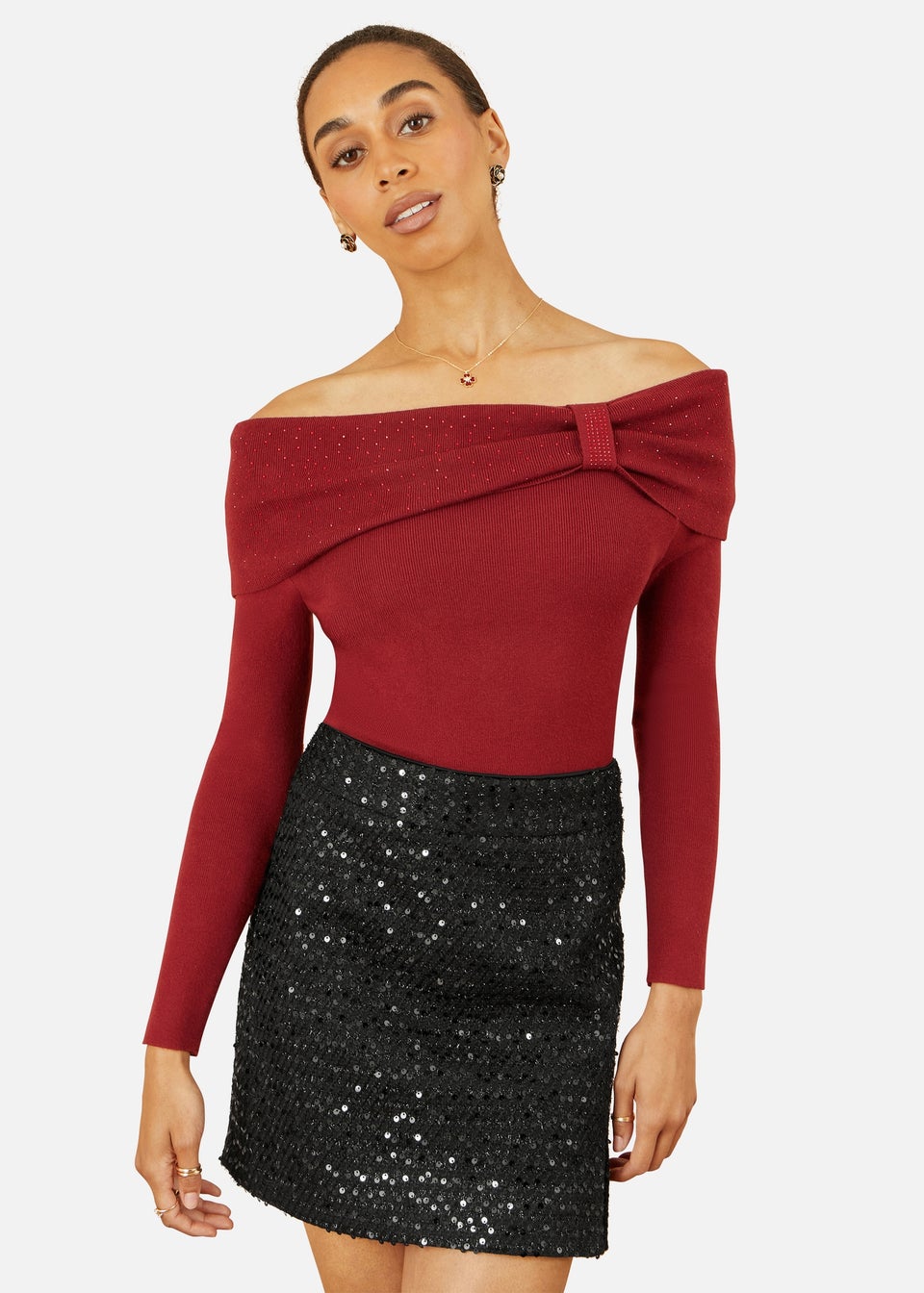 Yumi Burgundy Sparkle Bardot Jumper With Diamante Detail
