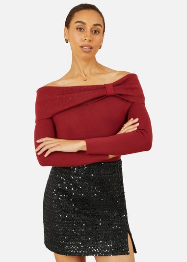 Yumi Burgundy Sparkle Bardot Jumper With Diamante Detail