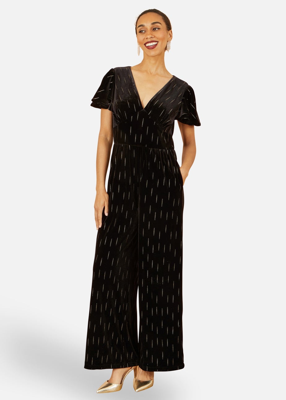 Yumi Black Foil Print Velvet Jumpsuit