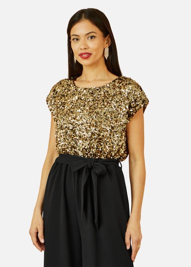 Yumi Gold Sequin Top Stretch Jumpsuit