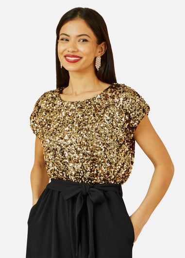 Yumi Gold Sequin Top Stretch Jumpsuit