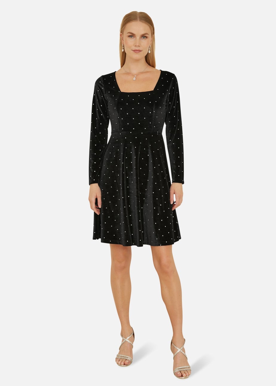 Yumi Black Skater Dress With Diamantes & Long Sleeve