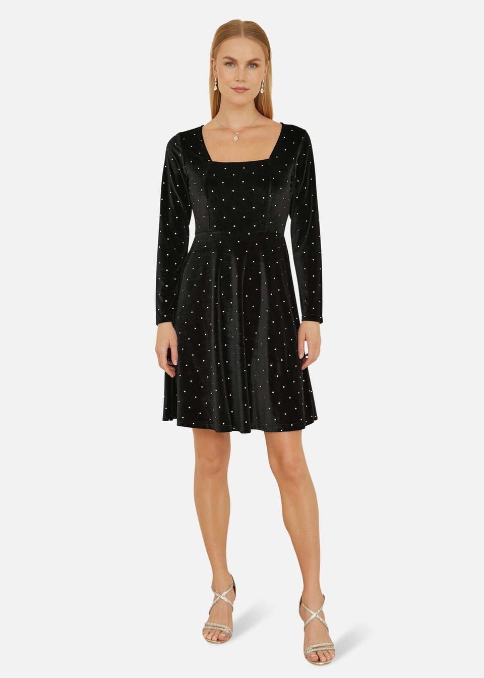 Yumi Black Skater Dress With Diamantes & Long Sleeve