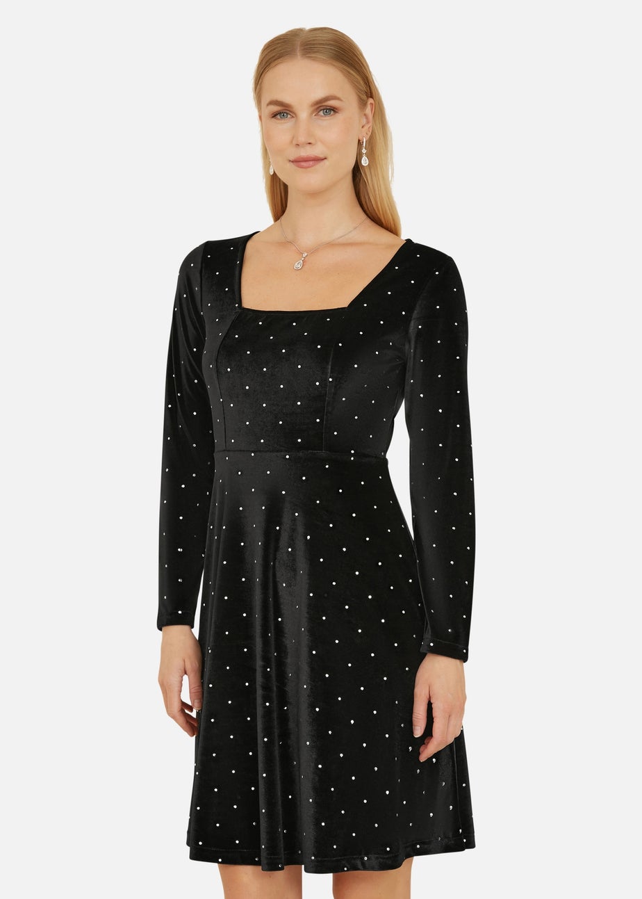 Yumi Black Skater Dress With Diamantes & Long Sleeve