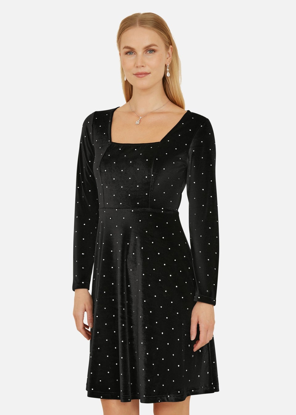 Yumi Black Skater Dress With Diamantes & Long Sleeve
