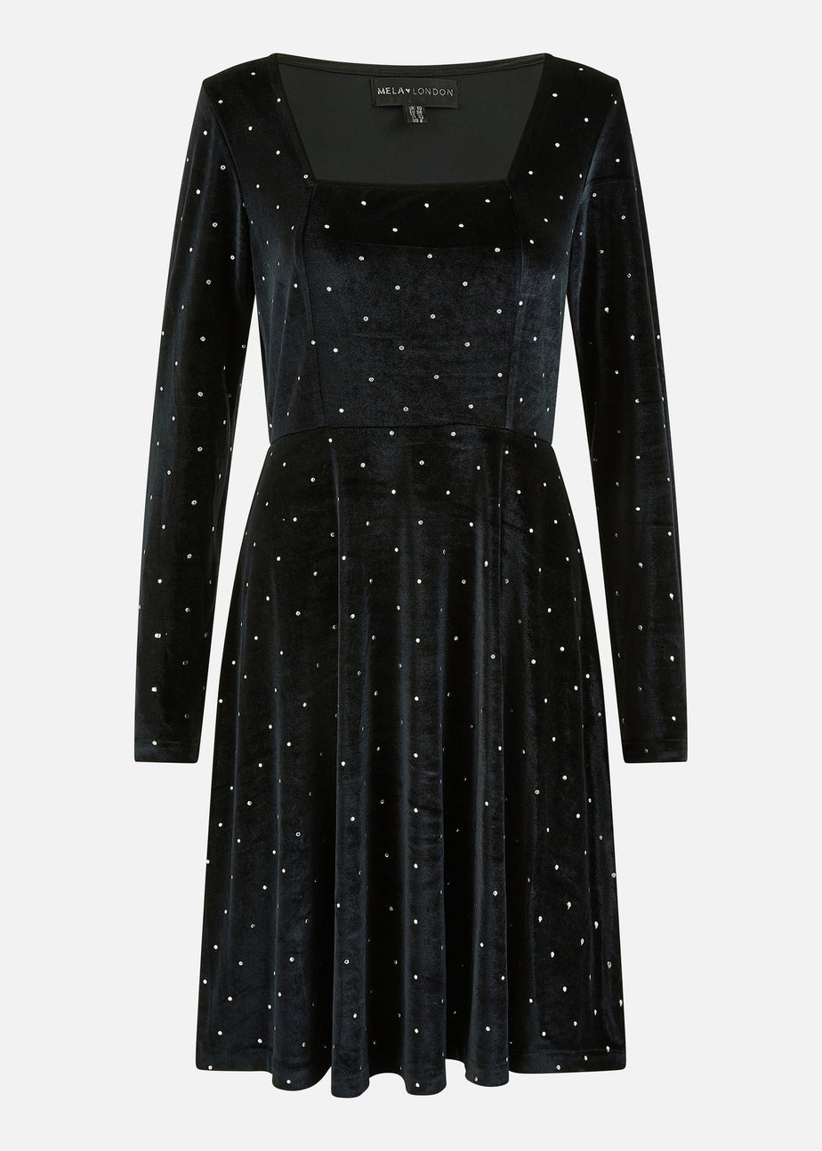 Yumi Black Skater Dress With Diamantes & Long Sleeve