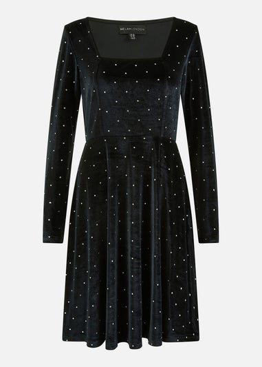 Yumi Black Skater Dress With Diamantes & Long Sleeve