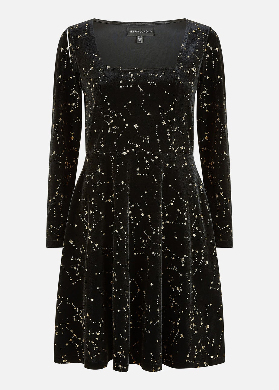 Yumi Black Star Foil Print Long Sleeve Skater Dress