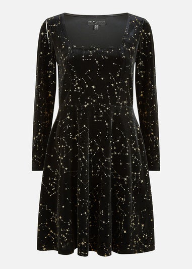 Yumi Black Star Foil Print Long Sleeve Skater Dress